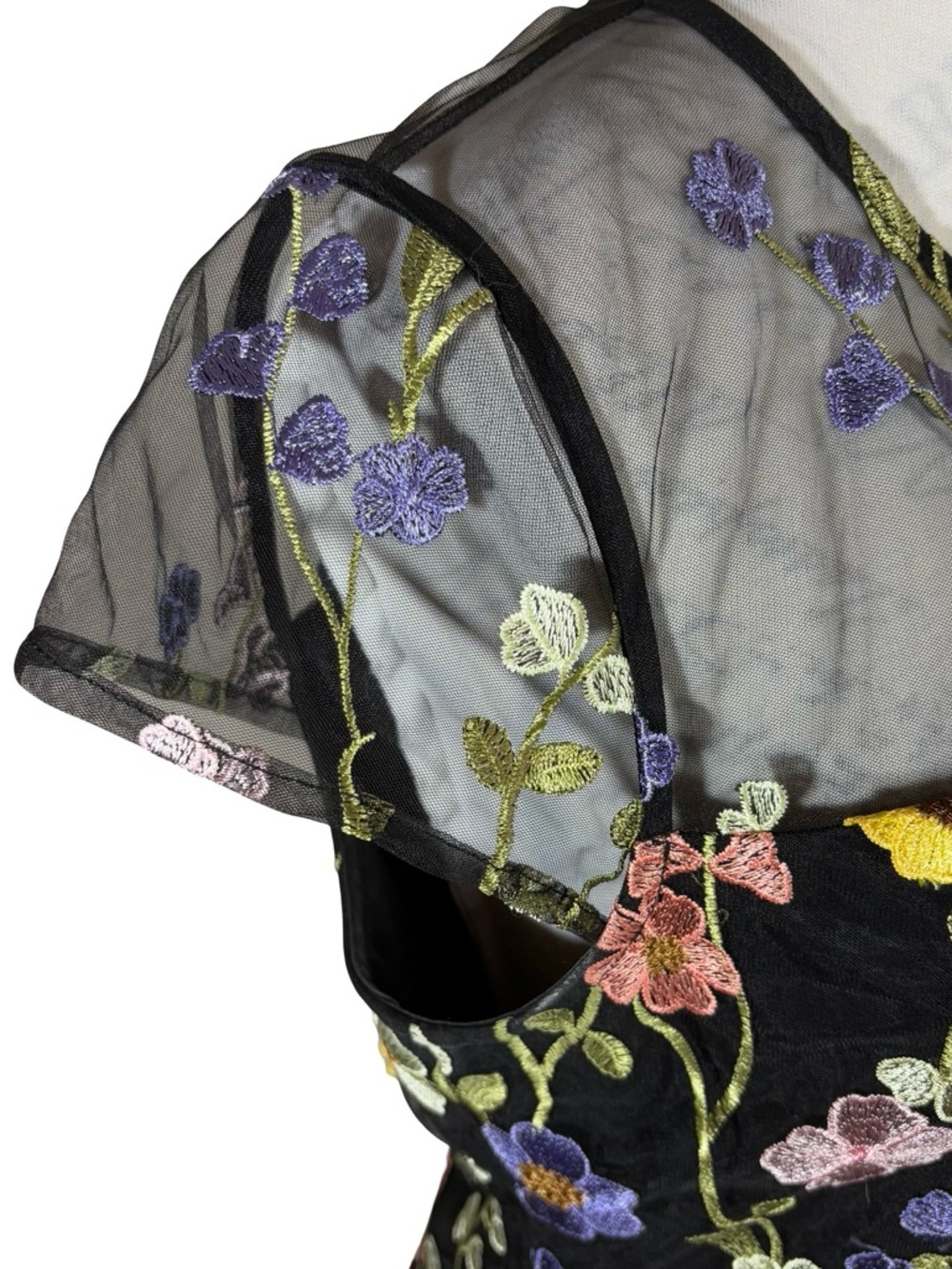 Black Floral Embroidered Mesh Dress 3D Flowers Spring Wedding Guest Dress - Picture 10 of 16